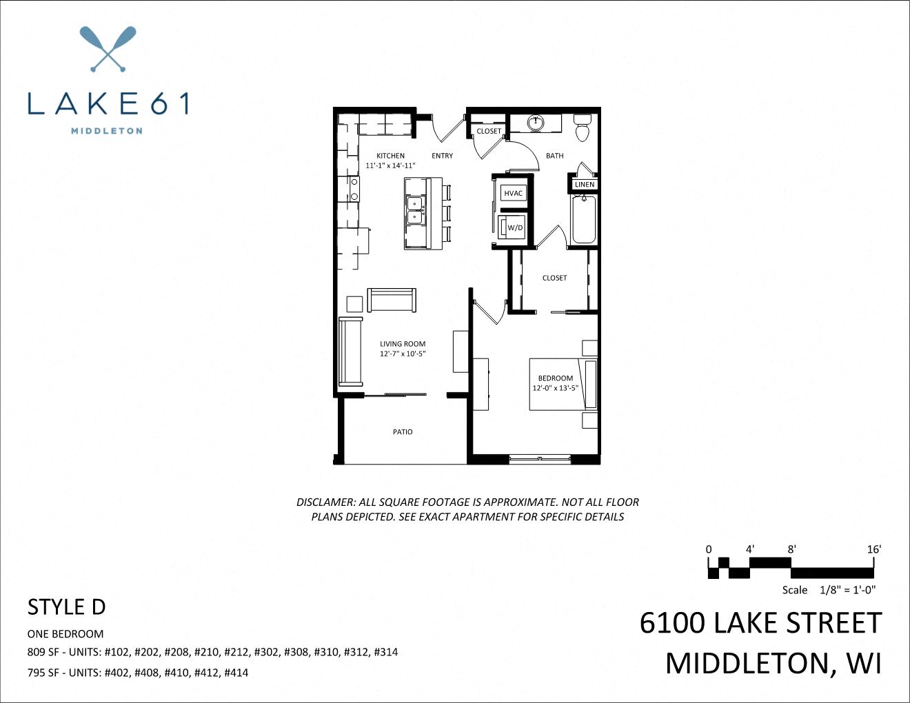 Floor plan for 1 bed, 1 bath, 809 sqft